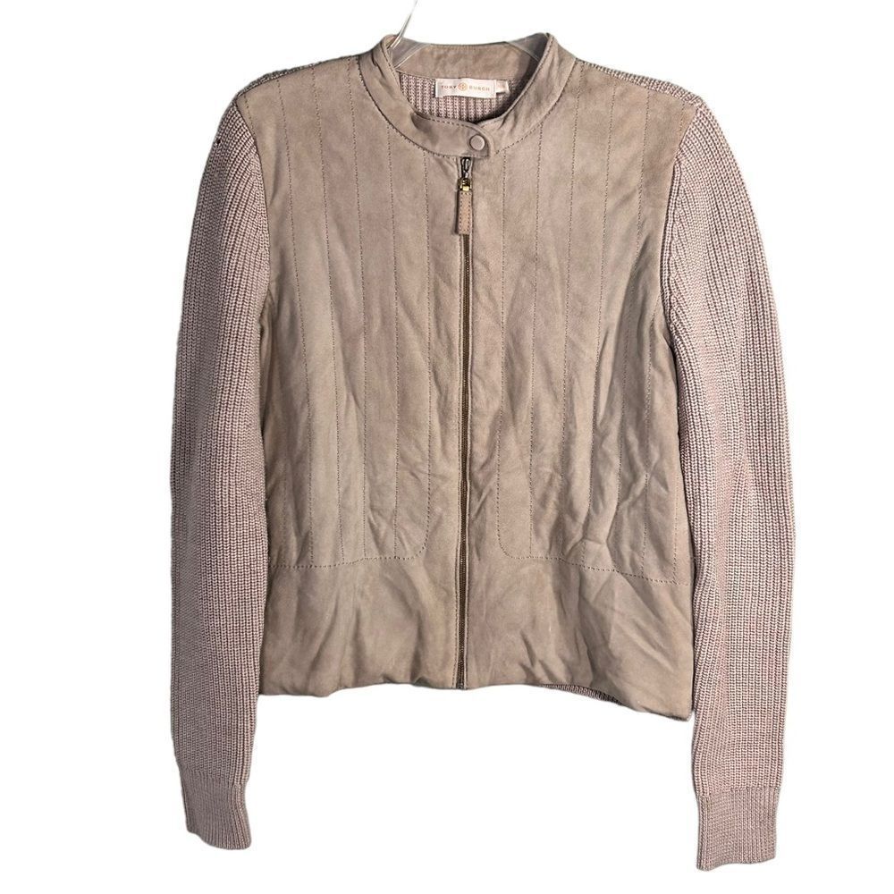 Tory Burch suede front merino wool cardigan jacket tan